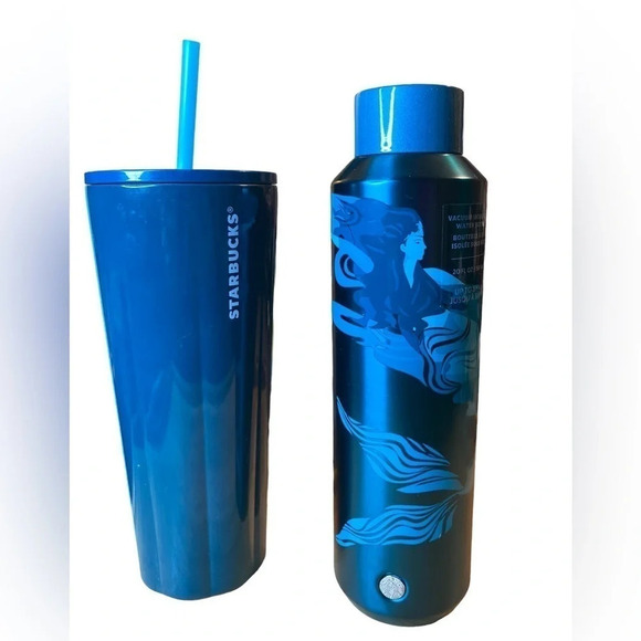 STARBUCKS Metal Venti 2-Color & Matching Mermaid Vac Insulated Water Bottle NWT - Picture 1 of 9